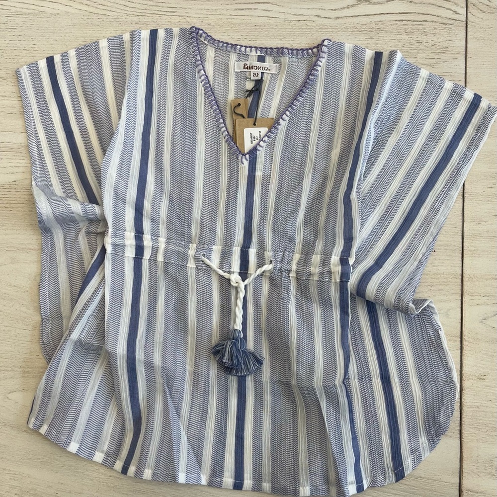 Sun Child Girls Blue and White Striped Kaftan Top/ Swim Cover-up